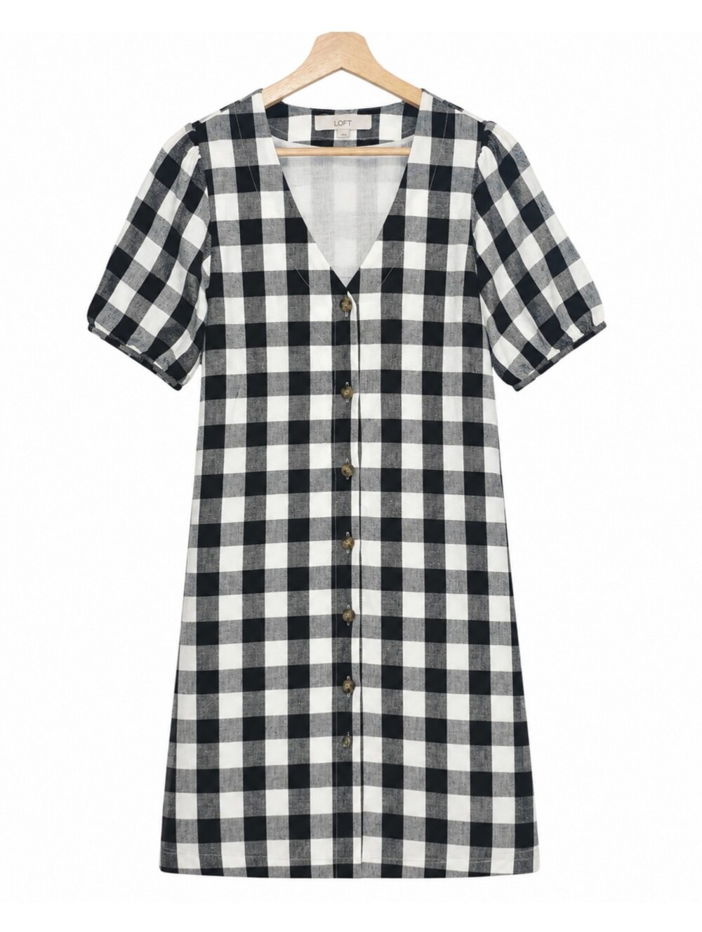 LOFT Linen Blend Gingham Button Front Dress Size 2 Puff Sleeve Coastal